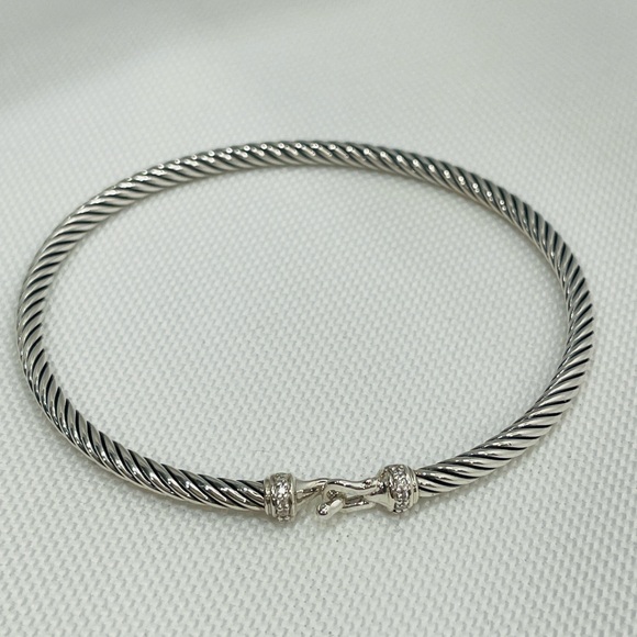 DAVID YURMAN 3mm Classic Cable Sterling Silver Diamond Buckle Bracelet Size S - Picture 1 of 10